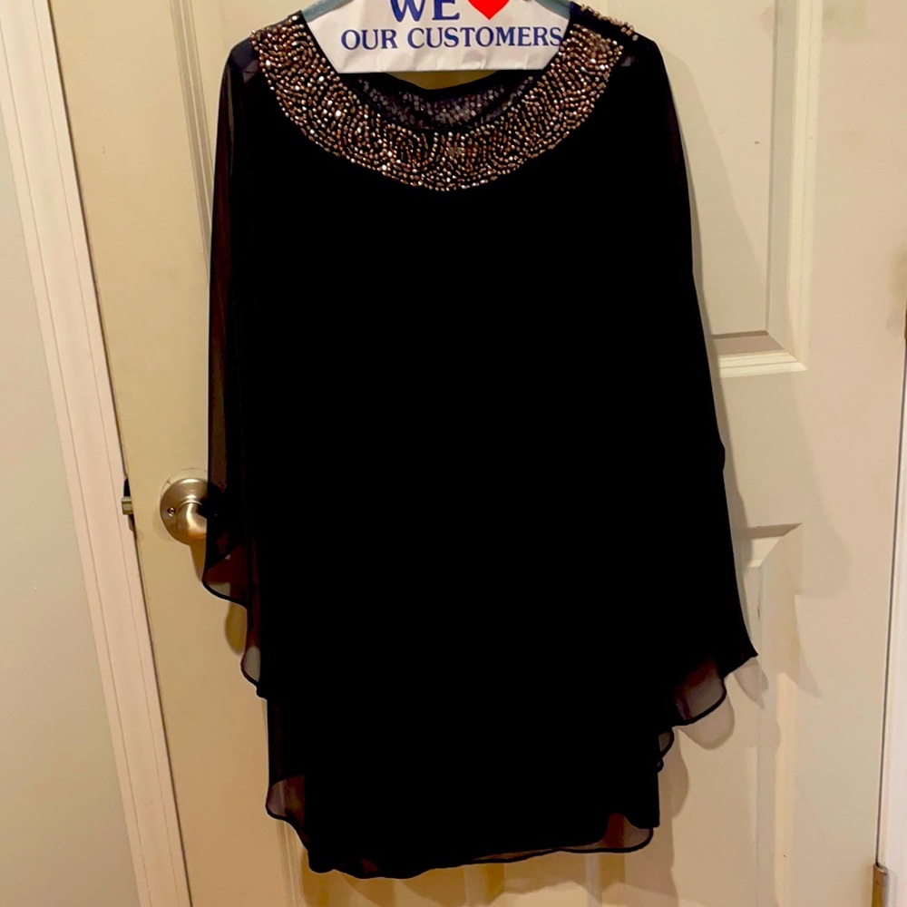 Beautiful cape dress w/detailed rose gold neckline